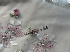 Stunning Organza Saree with Delicate Chest Embroidery, Scalloped Edges & Matching Running Blouse – Grace in Every Drape