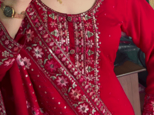 red colour heavy handwork kurta set with dupatta