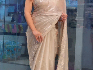 Party Modern Embroidered with Heavy Border Organza Brown Saree with Unstitched Blouse