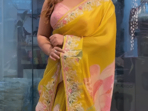 Yellow Tussar Saree With Handwork Floral Border