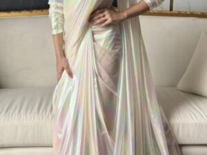 fancy satin white rainbow rfeady to wear saree