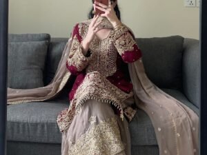 WINE GEORGETTE WITH SHARARA SUIT AND HEAVY DUPATTA