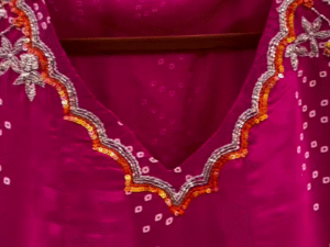 New Rani-Pink Silk Handwork Kurti-Pant With Dupatta