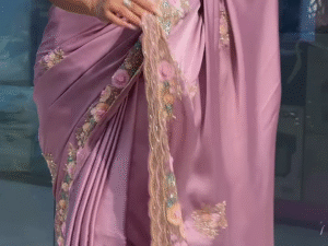 onion colour satin saree with heavy handwork