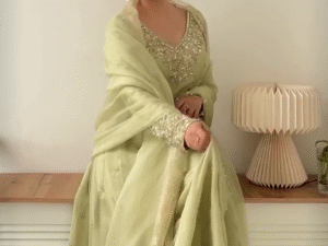 💫 Ethnic Elegance in Pastel Green with Gold Work 🌸