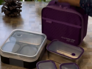 Premium Lunch Box Set with Insulated Bag – 4 Stainless Steel Food Containers (Leakproof Meal Prep Tiffin Set) 💜🍱✨