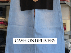 👖 Stylish Women’s Outfit – Long Denim Maxi Skirt with Black Collared Top with White Piping ✨