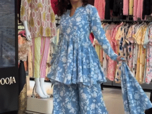 🌸 Azure Bloom Co-Ord Set – Floral Peplum Top, Flared Palazzo & Matching Dupatta 🌸