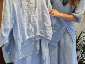 ☁️ Relaxed & Chic: Light Blue Linen Set with Hooded Zip-Up Top & Wide-Leg Pants ☁️
