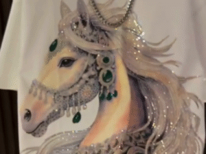 🤍 Sparkling Style: White Cotton Graphic T-Shirt with Rhinestone & Emerald Horse Print