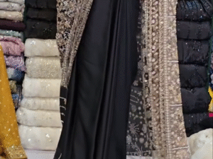 Midnight Glamour: Black Designer Saree with Intricate Embroidery and Sheer Sequin Drape