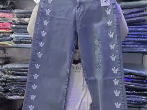 Playful Chic: KIA Wide-Leg Blue Denim Jeans with Butterfly Embellishments