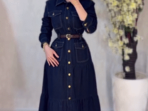 💙 Timeless Denim: Long-Sleeved Maxi Shirt Dress with Cinched Waist & Button-Up Front