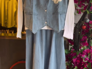 💙 Denim Duo: Blue Vest & Skirt Set with White Button-Down and Floral Embellishment