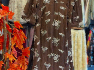 🤎 Elegant Charm: Brown Dress with White Embroidery & Collar