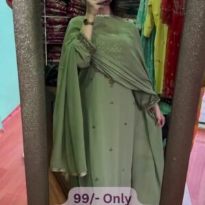 Women's Sage Green Embroidered Straight Suit Set