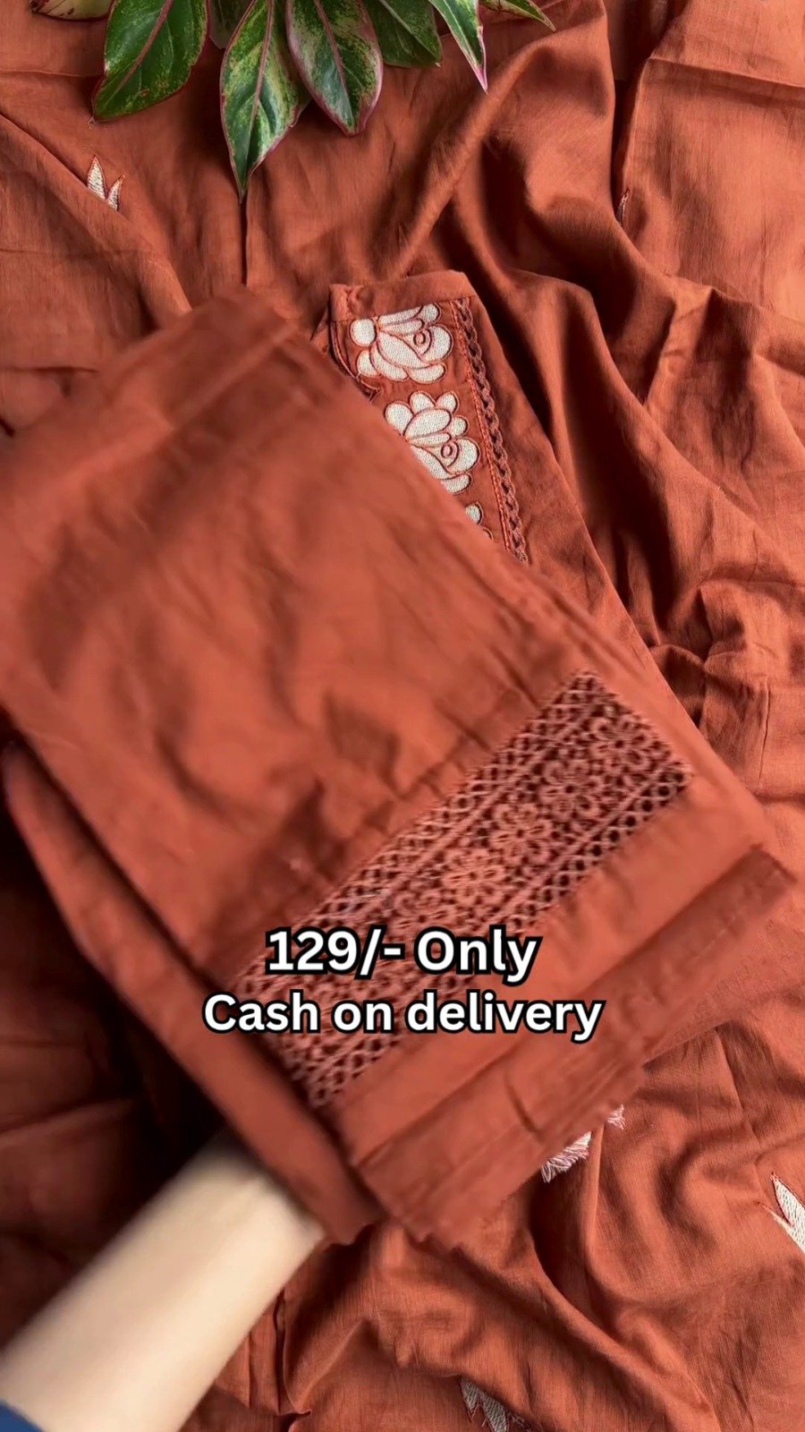 Rust Embroidered Cotton Kurti - Image 2