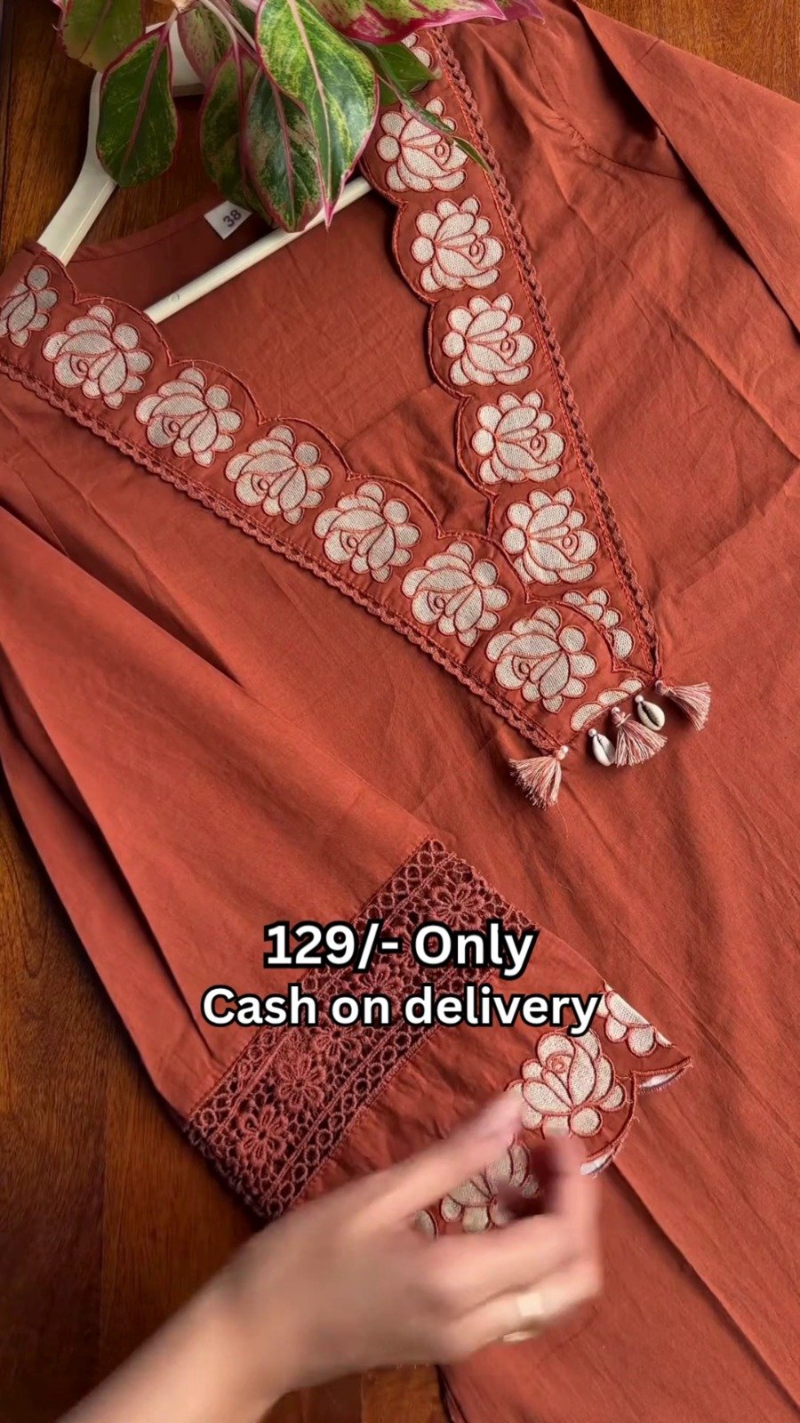 Rust Embroidered Cotton Kurti - Image 5