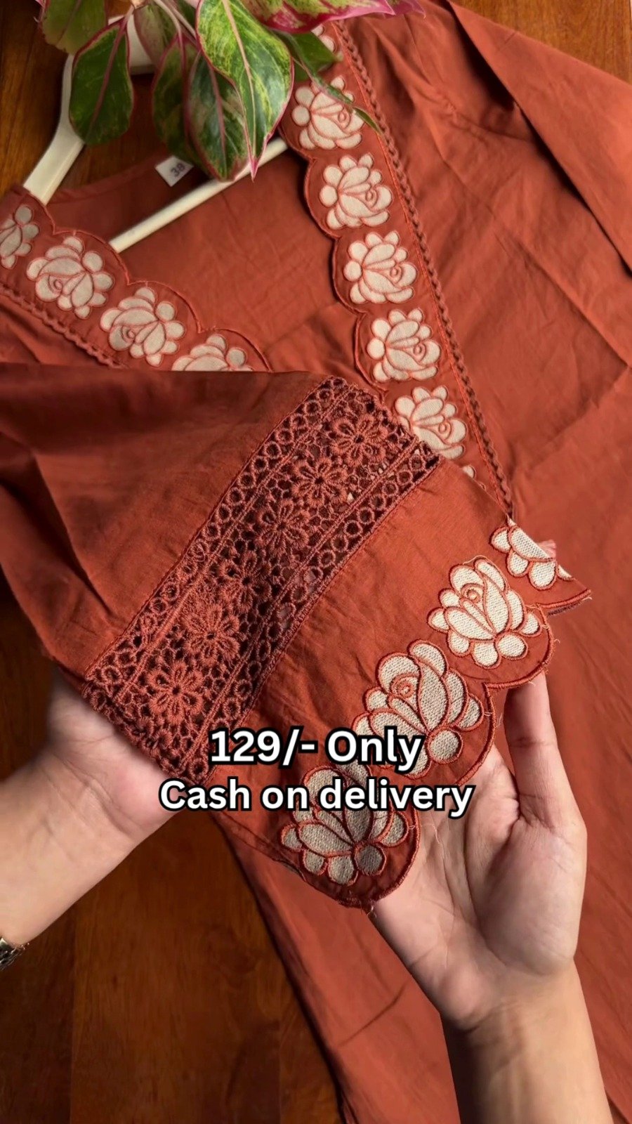 Rust Embroidered Cotton Kurti - Image 4